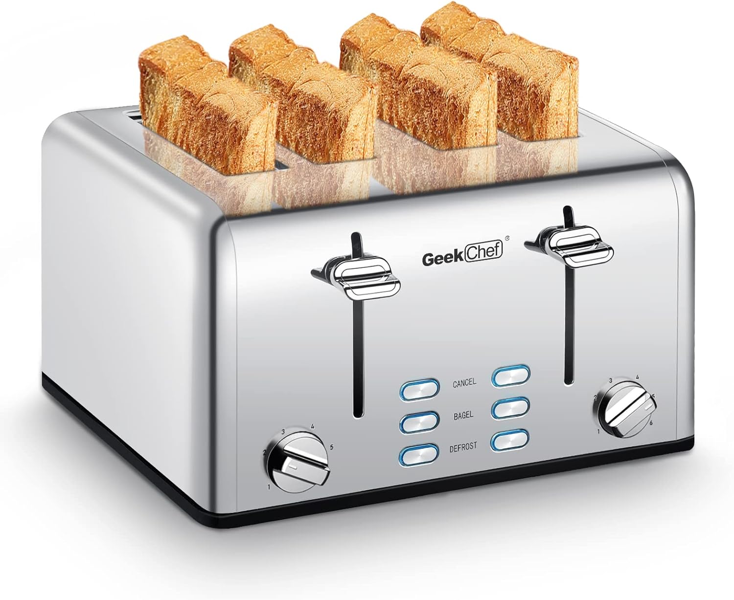 Geek Chef Stainless Steel Toaster 4 Slice, with Extra Wide Slots for Bagels, Removable Tray, Cancel/Defrost/Reheat Functions