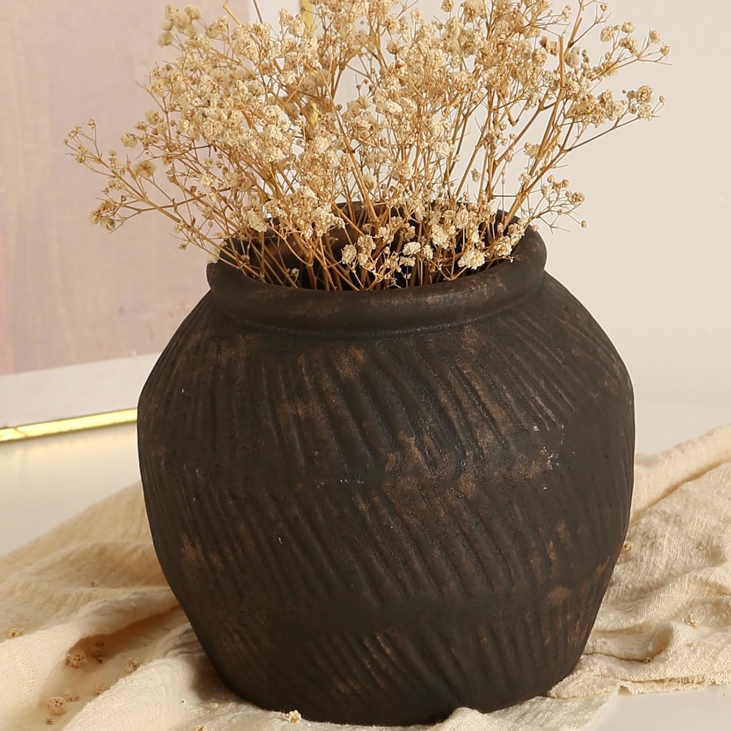Farmhouse Ceramic Vase - Black Rustic Vintage Flower Vase for Home, Living Room, Shelf and Dining Table Decor - 7IN