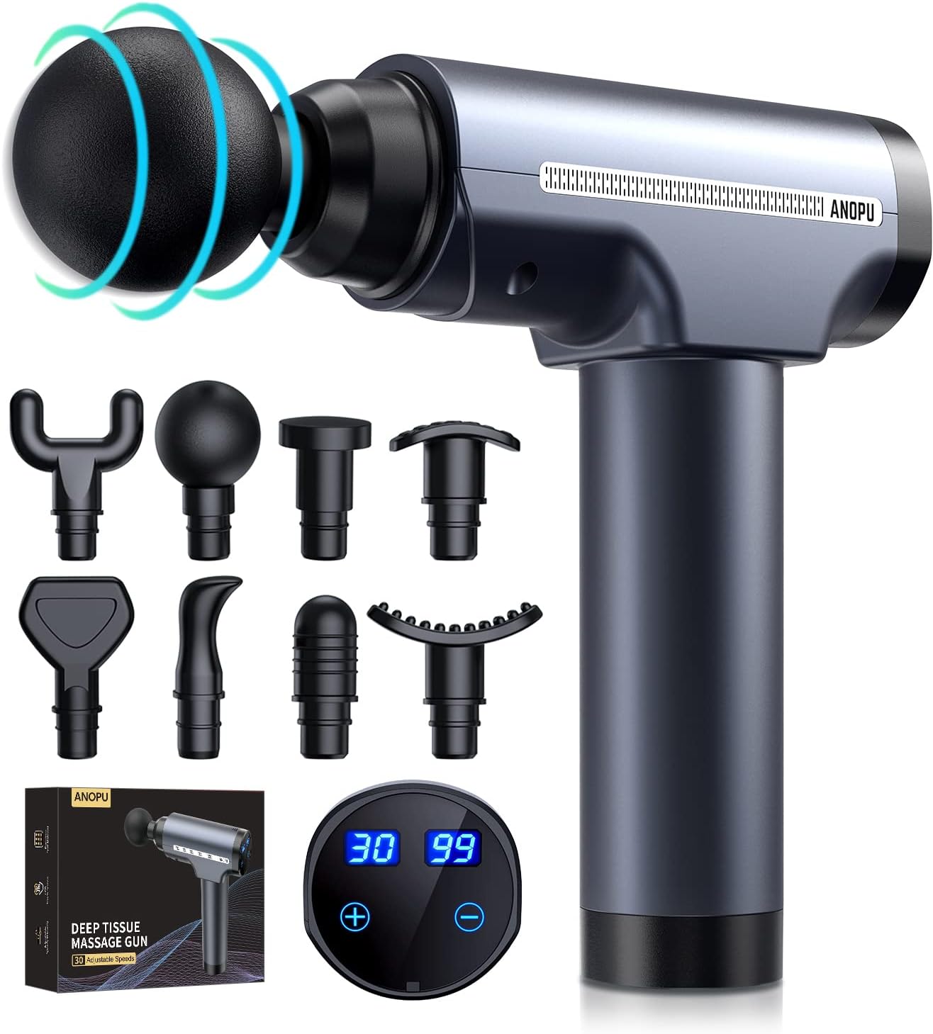 Massage Gun - 30 Speeds Deep Tissue Massager With 8 Heads, 3500rpm for Pain Relief Recovery, Quiet Handheld for Neck Back Relaxation, Gifts for Men Women