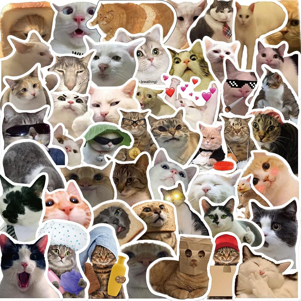 50Pcs Cat Stickers Pack, Kawaii Vinyl Waterproof Stickers for Laptop, Water Bottle, Skateboard, Luggage, Car Bumper - Cute Cat Designs for Girls, Kids, Teens