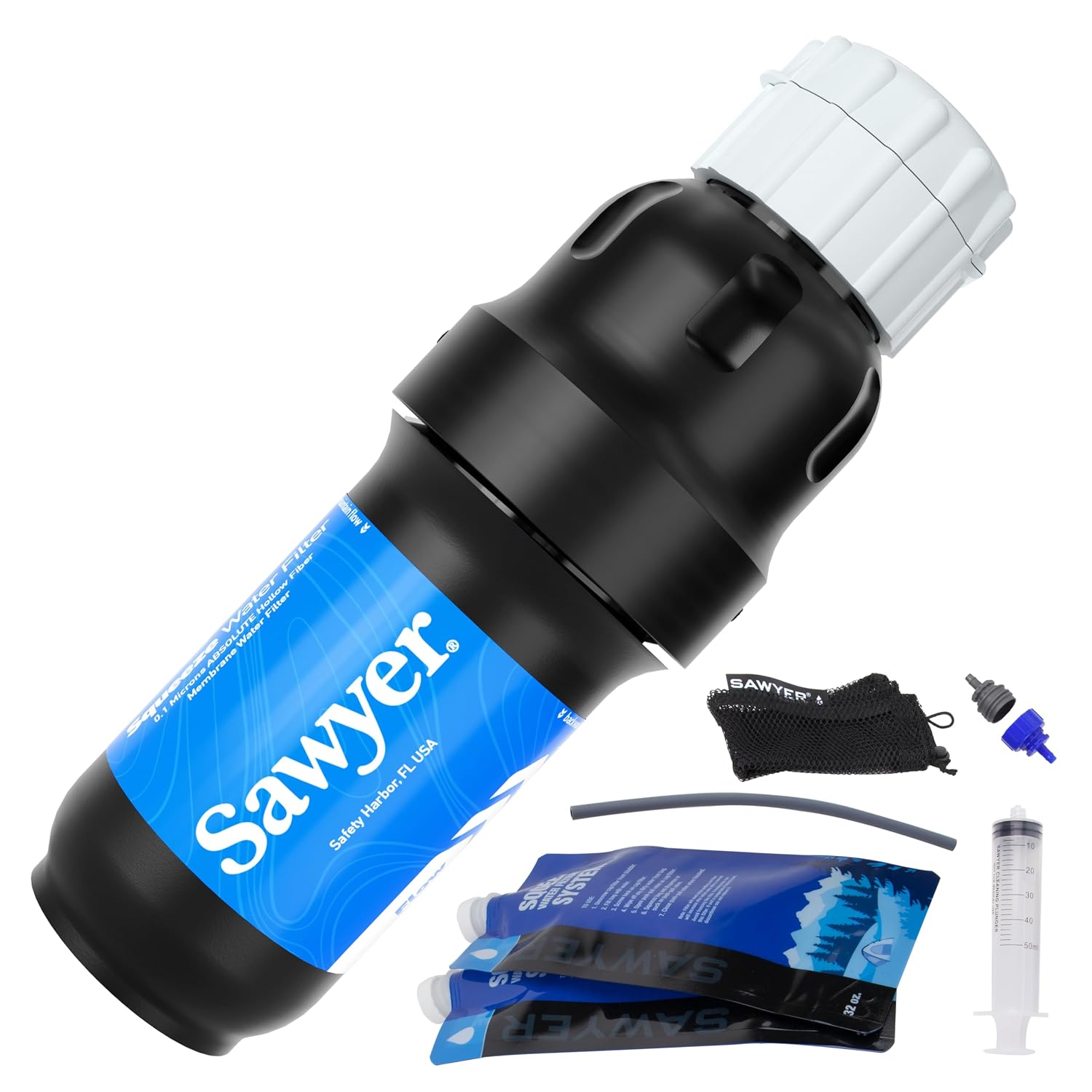 Sawyer Products SP129 Squeeze Water Filtration System w/Two 32-Oz Squeeze Pouches, Straw, and Hydration Pack Adapter