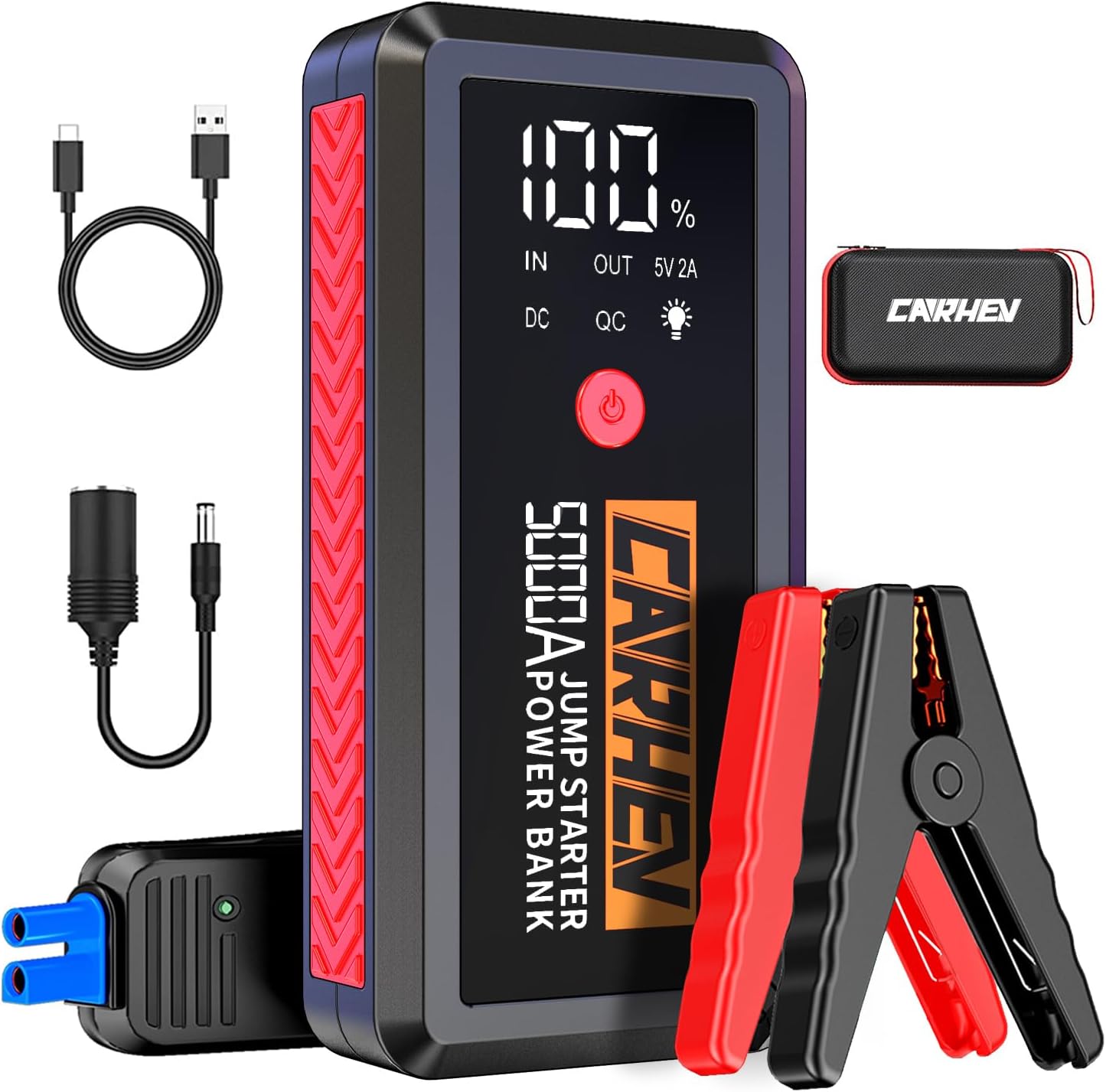 CARHEV 5000A Jump Starter Power Pack, Portable Car Battery Booster Jump Starter (up to 8.0L Gas or 8.0L Diesel Engine) 12V Car Starter Power Bank with USB Quick Charge 3.0 and LED Flashlight