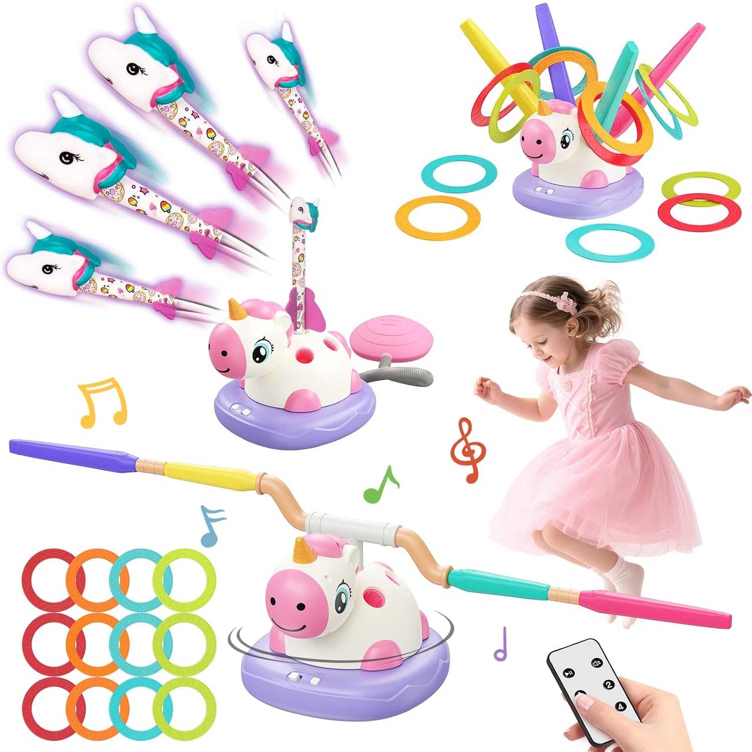 Unicorn 3 in 1 Outdoor Sports Toy for Girls Ages 3-12, Musical Jump Game, Unicorn Launcher, Ring Toss, Garden Toys for Kids, Active Play, Birthday Gift, Indoor Outdoor Playset
