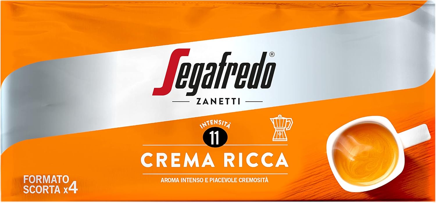 Segafredo Zanetti ground Coffee Crema Ricca (4 x 250 grams) - Suitable for Moka - Line le Classiche, medium Roast, intense Aroma and pleasant Creaminess