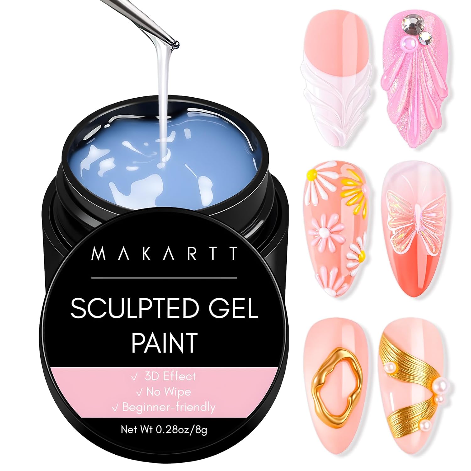 Makartt 3D Nail Gel: 3D Painting Gel Clear Nail Gel for Chrome Nail Powder Micro 3D Sculpting Gel No Wipe UV Gel for Gel Nail Polish 3D Carving Drawing Gel for Nail Art at Home & Salon DIY 0.28 fl.oz