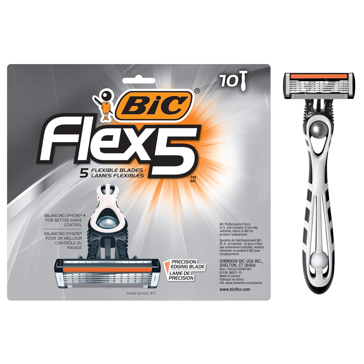 BIC Flex 5 Men's Disposable with 5 Blade Razors, Razors for Men With Pivoting Head and Anti-Slip Grip, 10-Pack