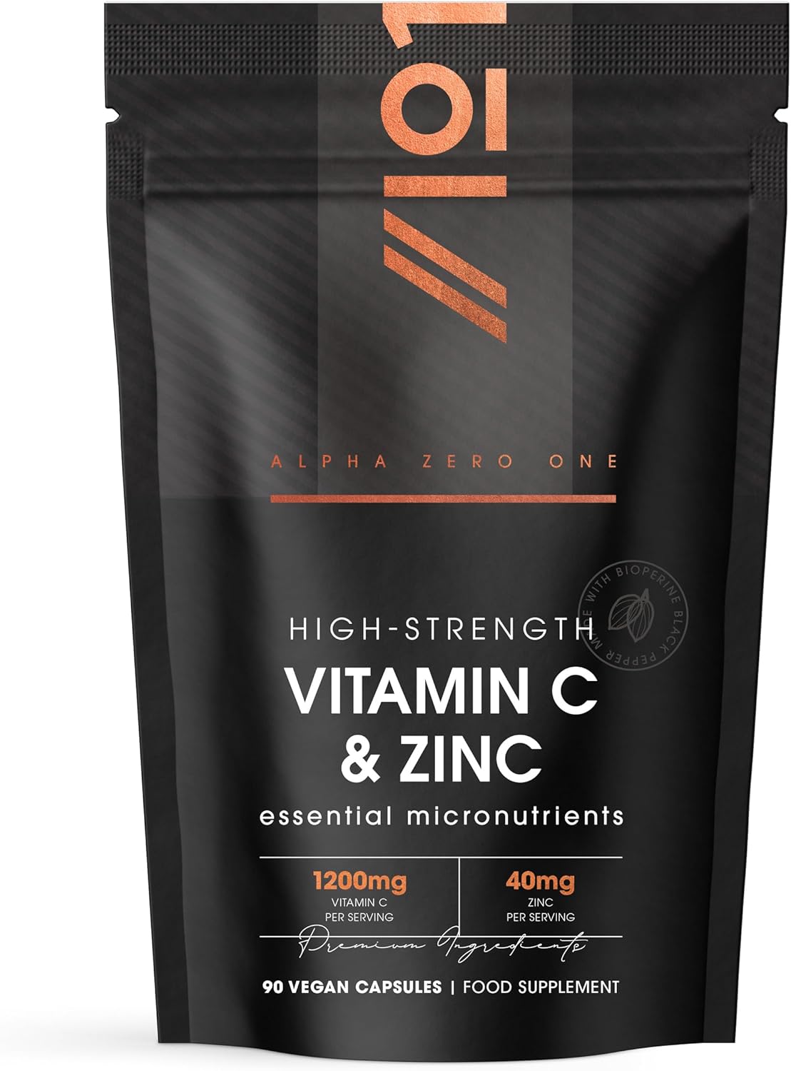 Vitamin C 1200mg Zinc 40mg - 90 Capsules - High Strength Immune Support – 2 Month Supply - Resealable and Recyclable Pouch – by Alpha01