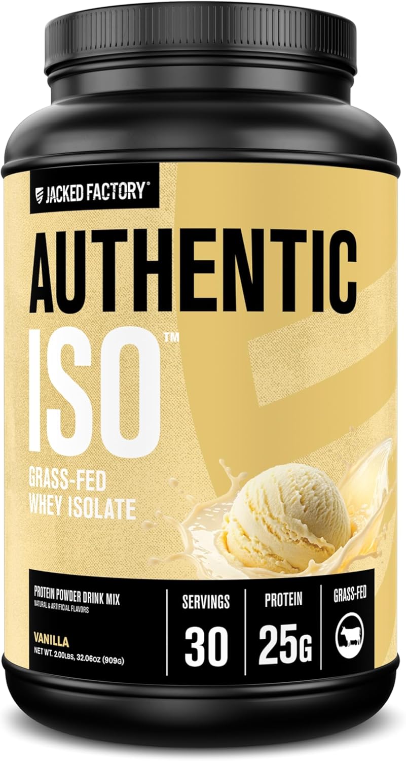 Jacked Factory Authentic ISO Grass Fed Whey Protein Isolate Powder - Low Carb, Non-GMO Muscle Building Protein w/No Fillers, Post Workout Recovery, Vanilla