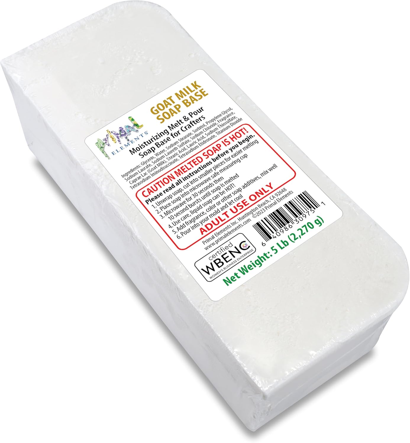 Primal Elements Goat Milk Soap Base - Moisturizing Melt and Pour Glycerin Soap Base for Crafting and Soap Making, Easy to Cut - 5 Pound