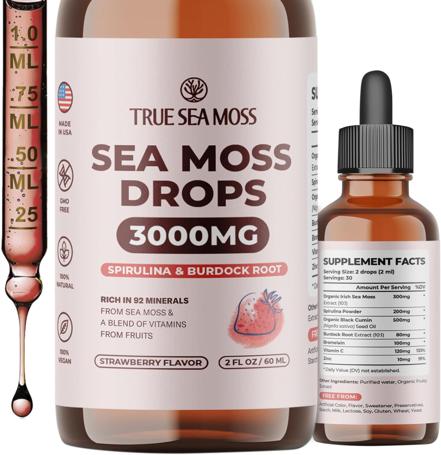 Irish Sea Moss Drops - 5X Stronger Than Sea Moss Gel - 92+ Essentials Minerals - with Spirulina Powder, Burdock Root & Black Cumin - 2 Fl Oz (60ml) - Strawberry Flavor