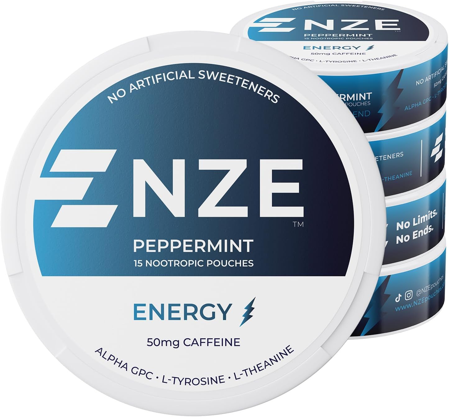 NZE Caffeine Nootropic Pouches (Peppermint) - Nootropic Energy Pouches with 50mg Caffeine, Alpha GPC, L-Tyrosine & L-Theanine with No Sugar or Artificial Sweeteners - 15 Nicotine Free Pouches Per Can