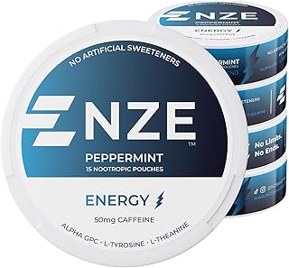 NZE Caffeine Nootropic Pouches (Peppermint) - Nootropic Energy Pouches with 50mg Caffeine, Alpha GPC, L-Tyrosine & L-Theanine with No Sugar or Artificial Sweeteners - 15 Nicotine Free Pouches Per Can