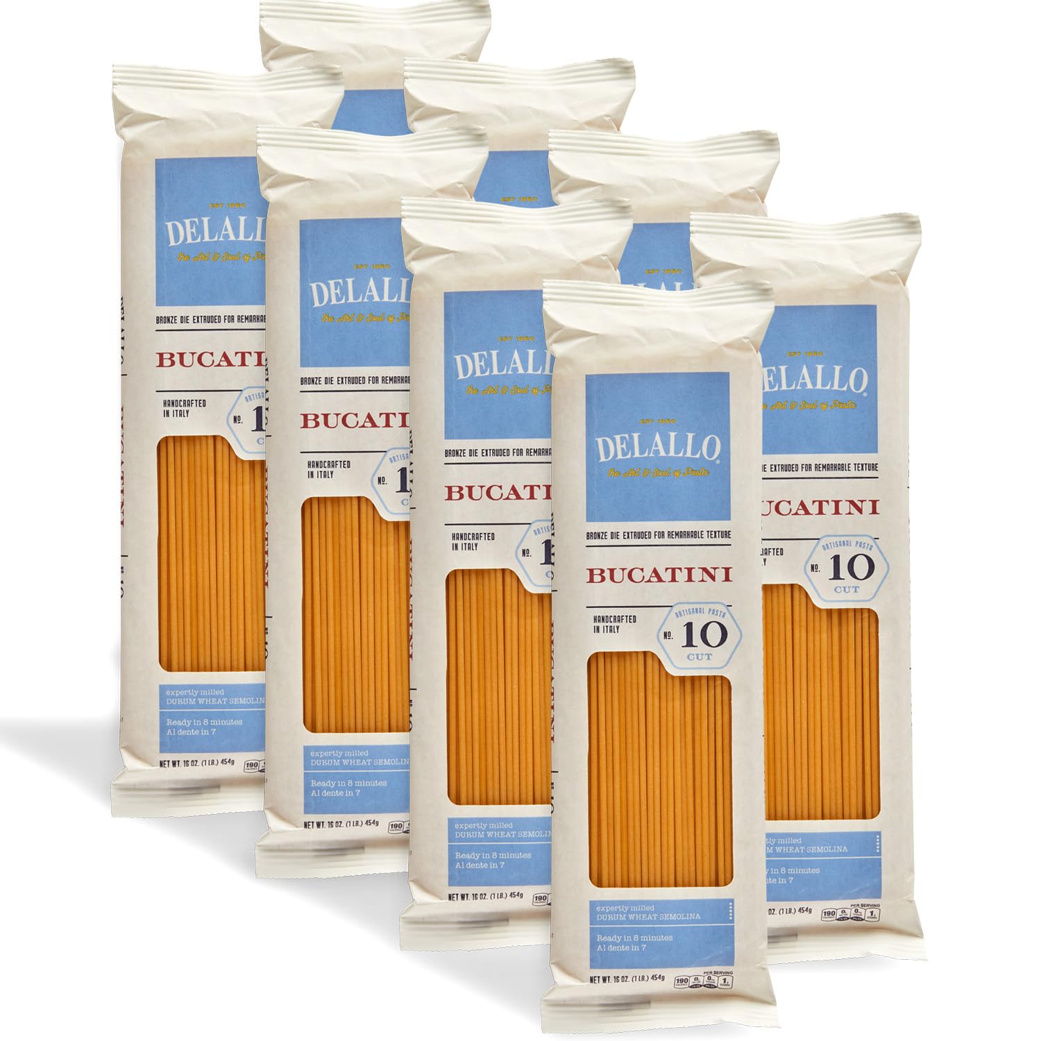 DeLallo Bucatini Pasta, Imported from Italy, Bronze Cut, Made with Only 100% Durum Wheat Semolina Flour, All Natural Long Noodles with Whole Through Center, Non-GMO, Kosher, 1 Pound Bag, (8 Pack)