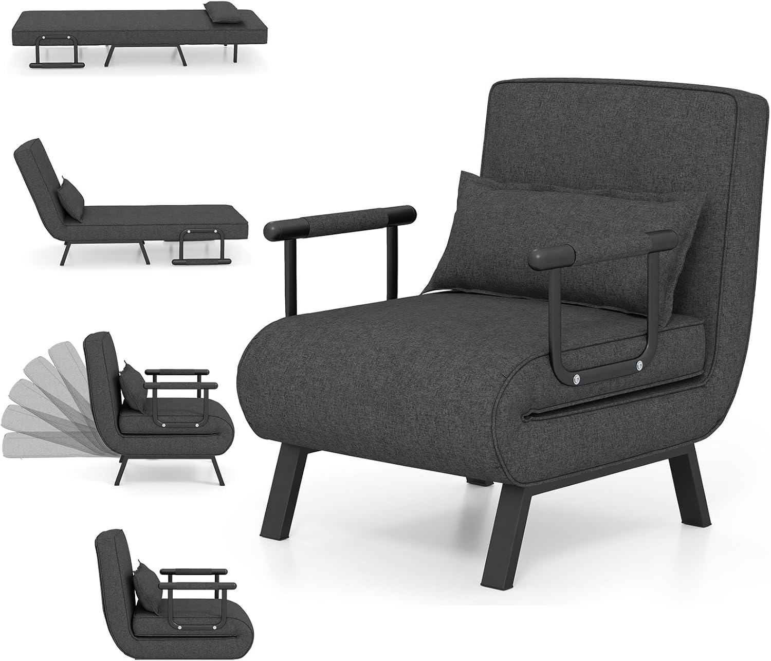 Multigot 4 in 1 Folding Sofa Bed, Convertible Sleeper Chair with Adjustable Backrest, Pillow and Metal Frame, Chaise Lounge Couch, Leisure Accent Chair for Apartment Bedroom Home Office (Dark Gray)