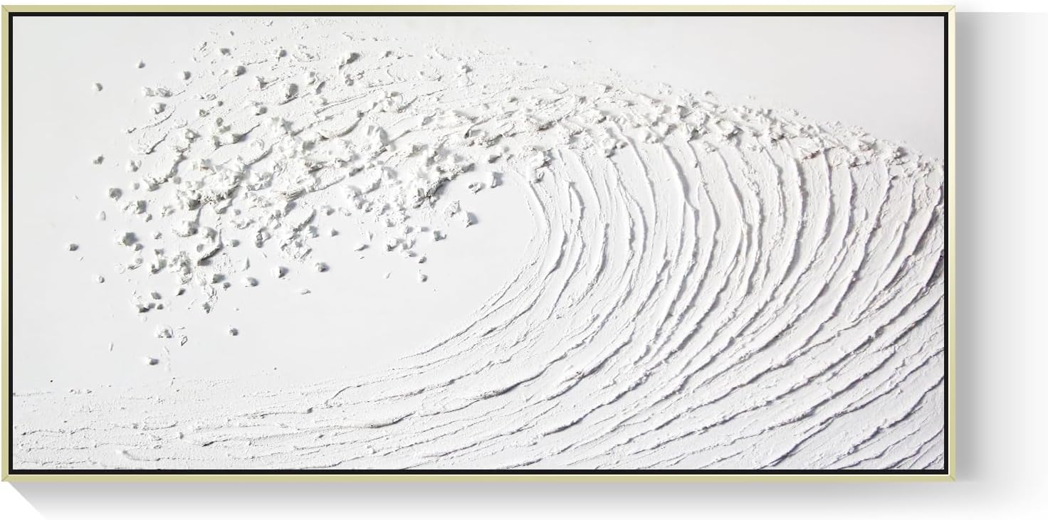 White Hand Painted Oil Painting Wall Art - Large Framed Ocean Waves 3D Textured Home Decor 48x24 Horizontal Canvas Minimalist Artwork Decoration for Living Room Bedroom