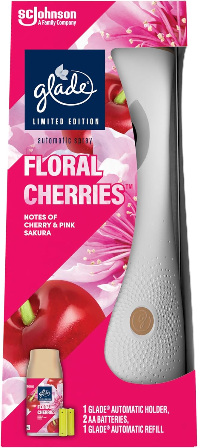 Glade Automatic Spray Air Freshener Holder & Refill, Long-lasting Fragrance Infused with Essential Oils, Floral Cherries, 1 Starter Kit, (1 x Holder and 269ml Refill)