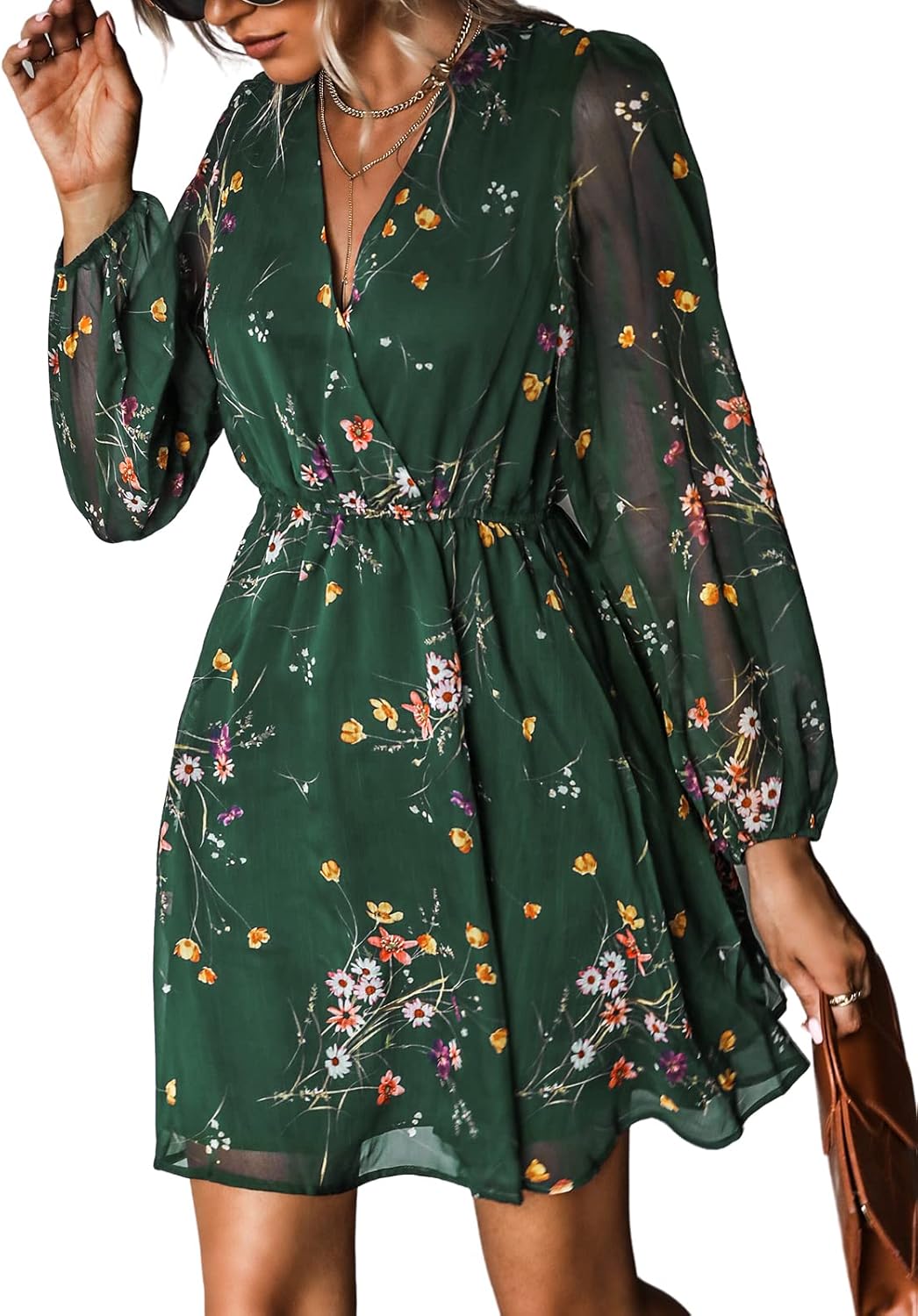 CUPSHE Women's Floral Print Chiffon A-Line Mini Dress Long Peasant Sleeves Elastic Autumn Dress