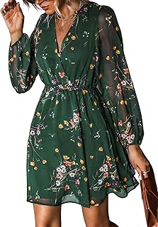 CUPSHE Fall Dresses for Women V Neck Chiffon A Line Mini Dress Long Peasant Sleeves Casual Dress