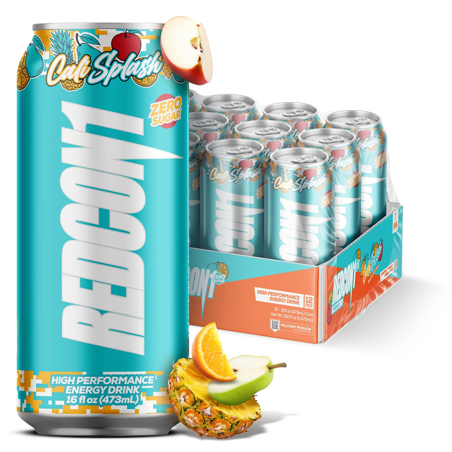 REDCON1 Energy High Performance Drink, Cali Splash - Zero Sugar Energy Drink with Alpha GPC Nootropic - 200mg of Natural Caffeine from Green Coffee Beans - Vitamin B6, B12 & B5 to Boost Mood (12 ct)