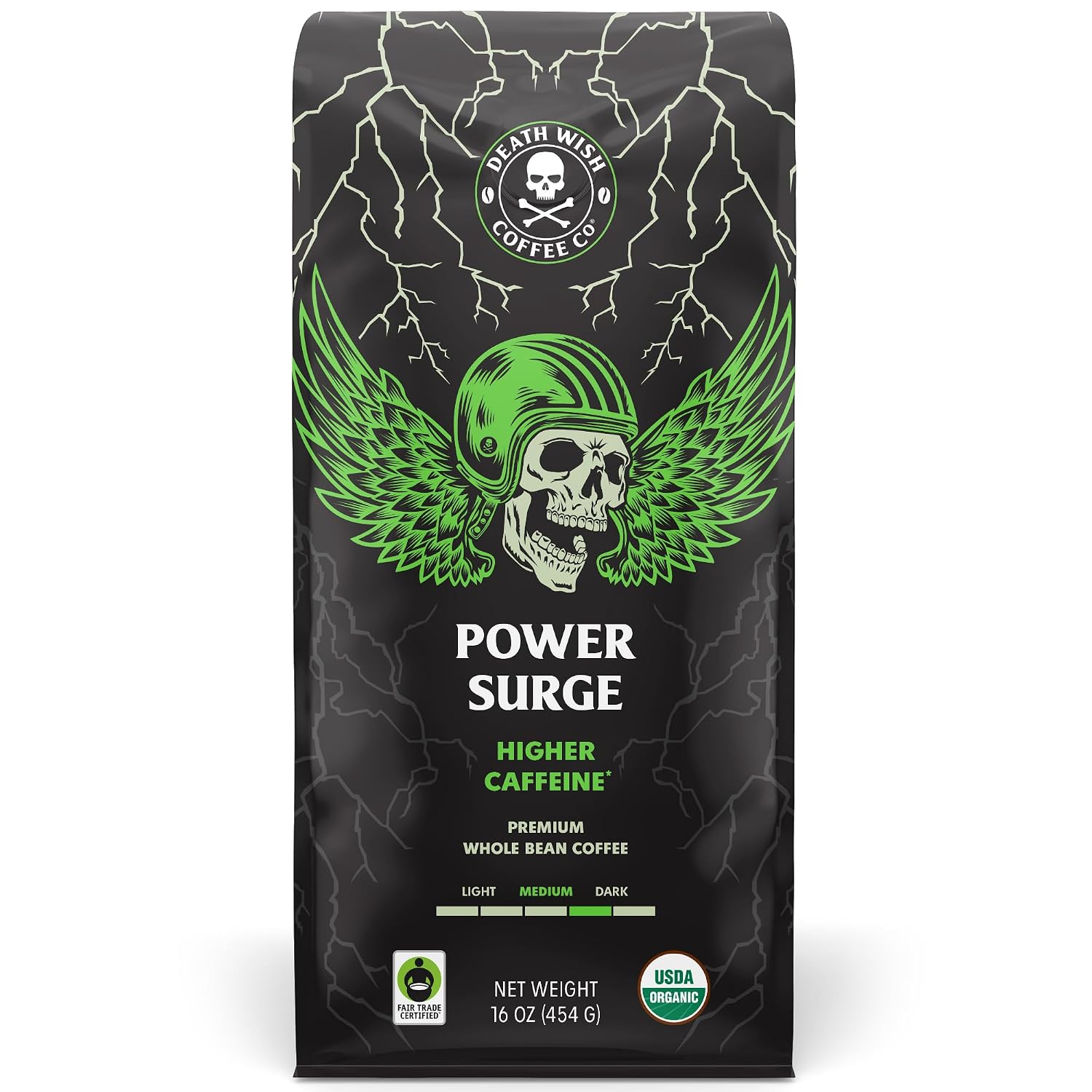 Death Wish Coffee Power Surge High Caffeine Dark Roast Whole Bean, 16 oz