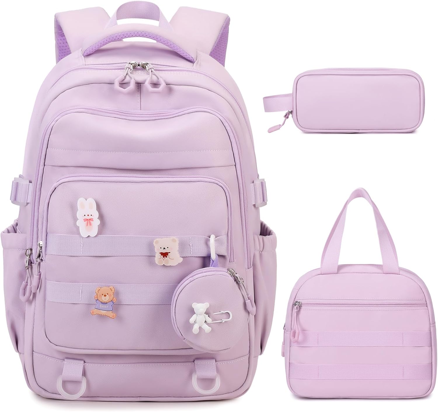 Backpacks for Girls - 4PCS Girls Backpack with Lunch Bag & Pencil Pouch Coin Pruse for Teens Kids Elementary Middle High School College Student Bookbag Daypack (Purple)