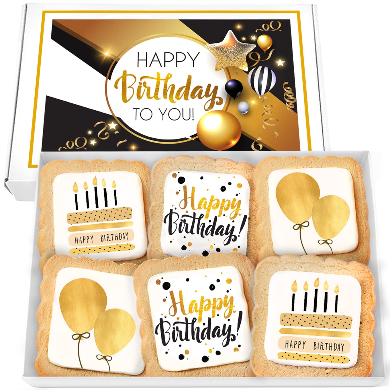 Happy Birthday Cookies 6 PACK Gift Basket Gold for Men Women Kids | Gourmet Decorated Sugar Cookie Gift Box | Individually Wrapped Nut-Free