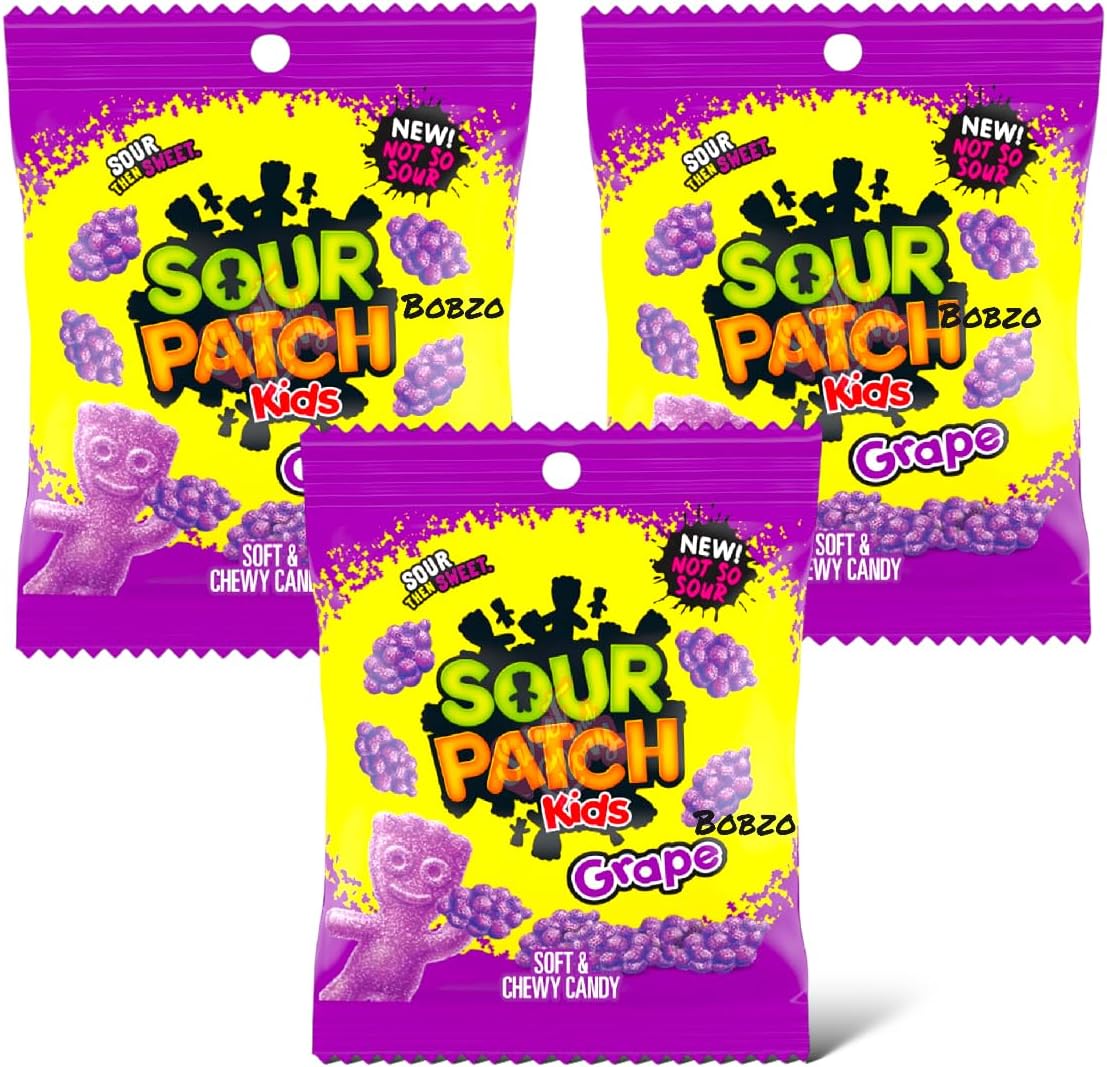 Bobzo Bundle - Pack of 3 Sour Patch Grapes Candy Bundle - (3.6oz/102g Each) - Limited Edition Imported from USA - Sweet & Sour Grape Flavor Treats