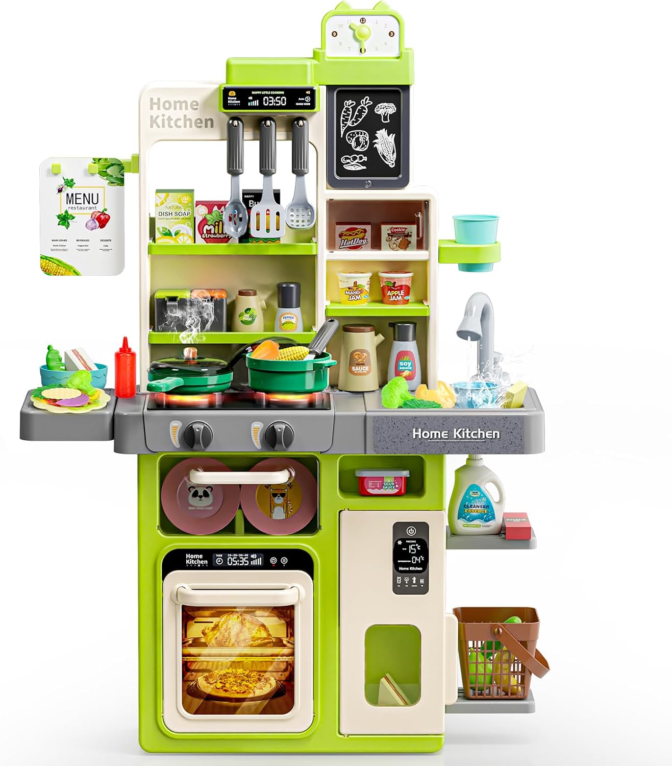 Kids Play Kitchen Set, Kitchen Toys with Realistic Sound & Light, Cooking Stove, Sink, Play Food and Kitchen Accessories, Kitchen Playset Gifts for Toddlers Girls Boys