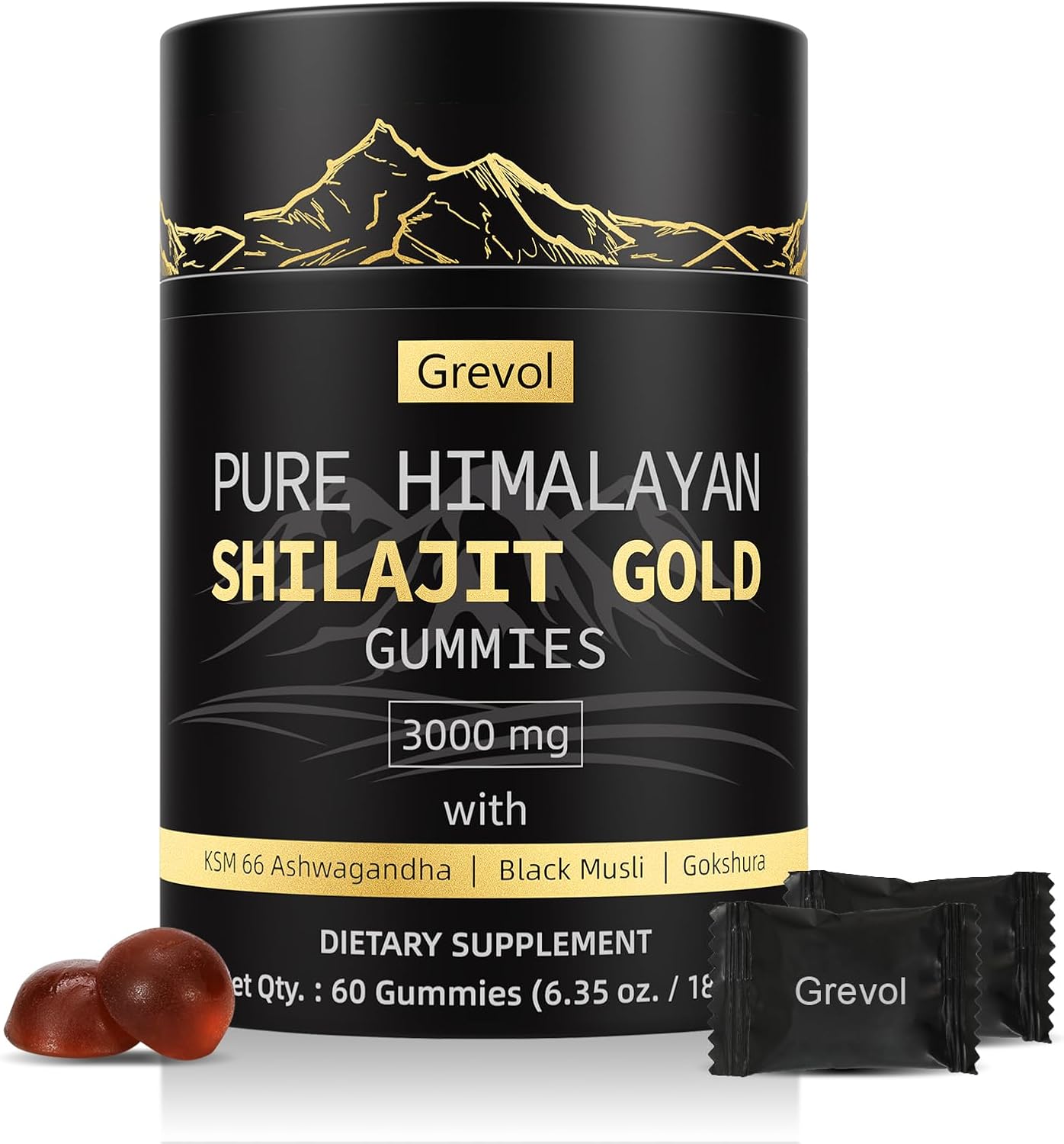 Pure Himalayan Shilajit Gummies: Gold Grade Shilajit Riched with Ashwagandha Fulvic Acid & 85+ Trace Minerals - No Added Sugar - Individually Wrapped - for Men & Women - 60 Gummy