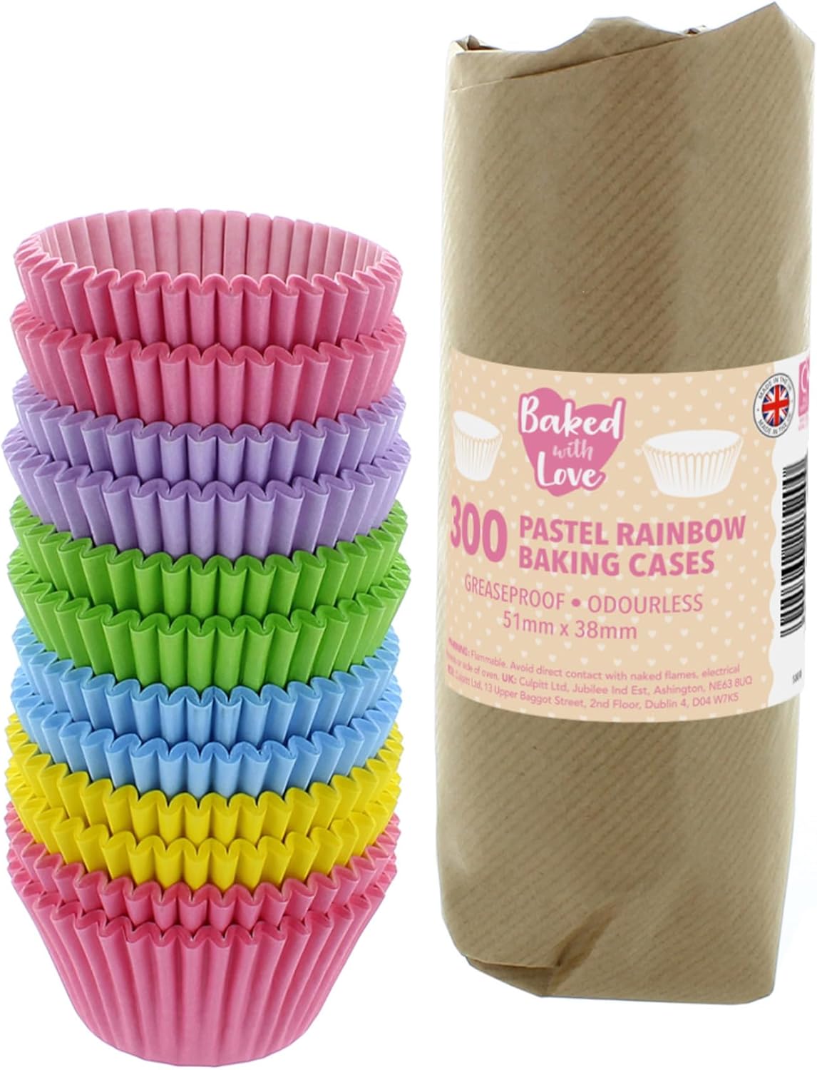 Baked With Love Pastel Rainbow Cupcake Cases - 300-50mm Baking Cups, Pink, Purple, Green, Blue, Yellow, Greaseproof Paper Cases for Muffins and Cupcakes, Bulk Pack of 300