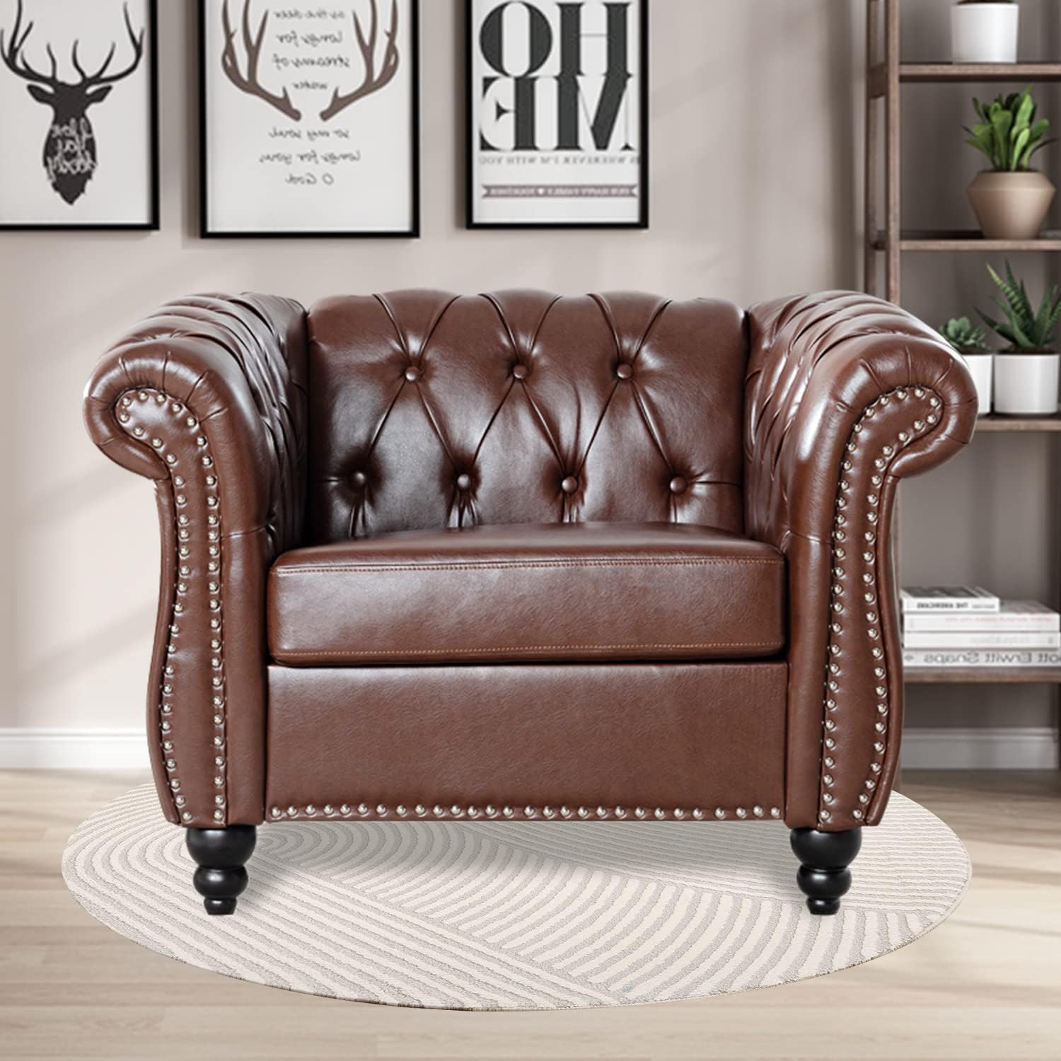 Chesterfield Chairs, Brown Faux Leather Chairs Living Room, Roll Arm Accent Chairs, Deep Seat Comfy Classic Club Wingback Single Sofa Chair for Bedroom Office Sofa Chair