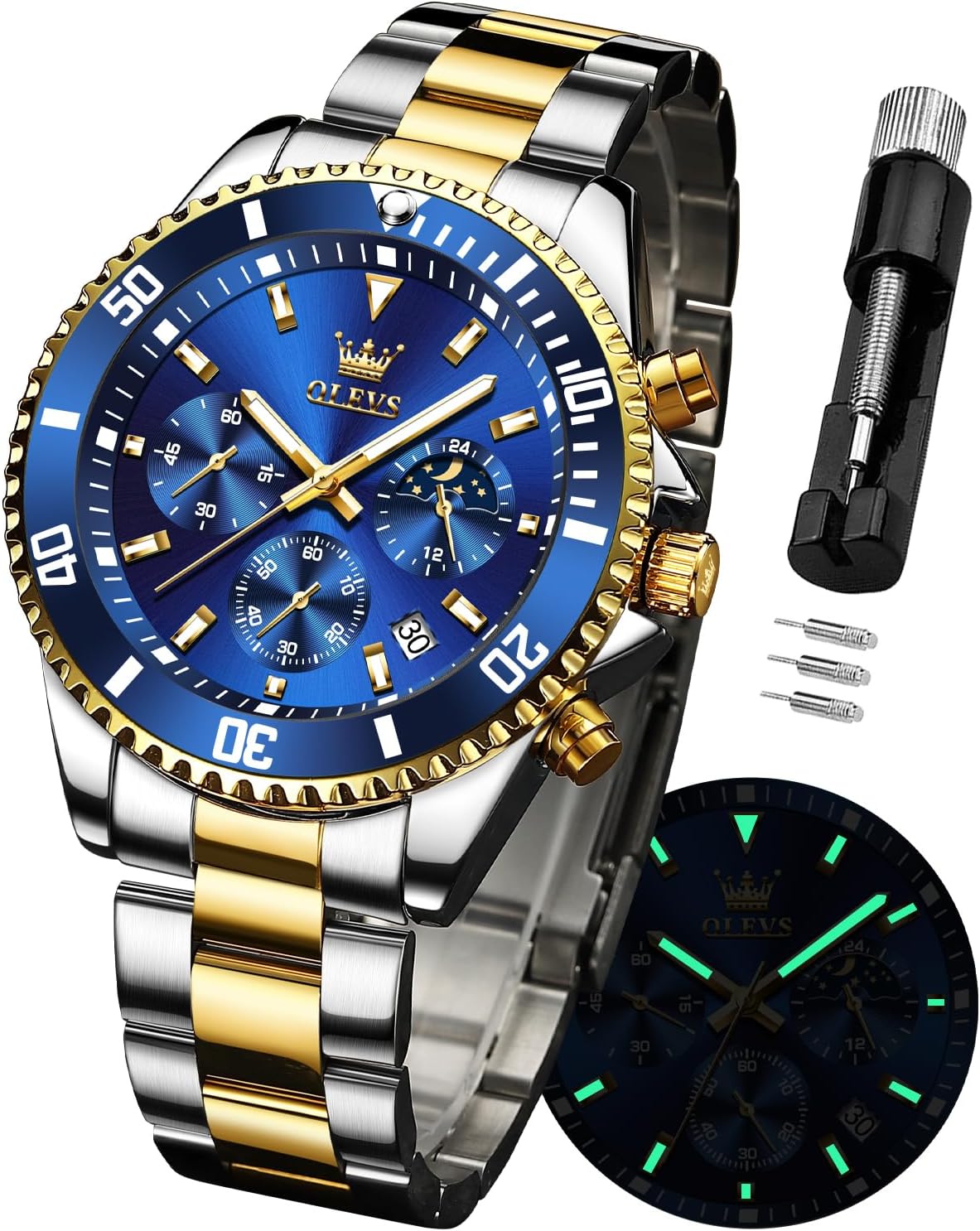 OLEVS Watches for Men Stainless Steel Analog Quartz Chronograph Moon Phase Watch Waterproof Date Luminous Wrist Male Watches,Gift for Men