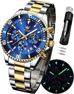 OLEVS Watches for Men Stainless Steel Analog Quartz Chronograph Moon Phase Watch Waterproof Date Luminous Wrist Male Watches,Gift for Men