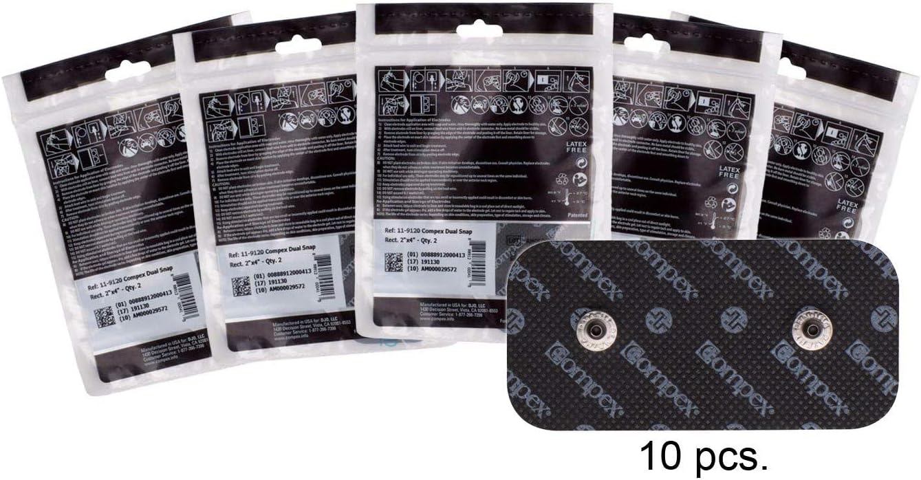 Compex Easy Snap Electrodes 2in x 4in for Edge, Performance, Sport Elite, Wireless Muscle Stimulators - 5 Pack (10 Electrodes) - Black