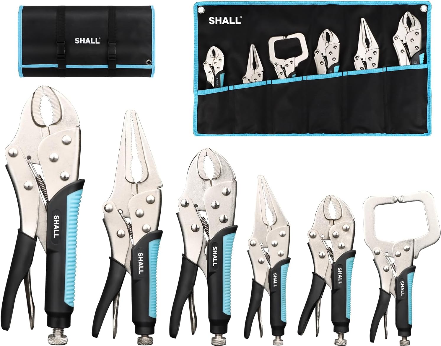 Shall 6-Piece Locking Pliers Set - 5", 7" & 10" Curved Jaw, 6-1/2" & 9-1/2" Long Nose, 6" C-Clamp - Two-Color TPR Handle, Roll Up Pouch Included