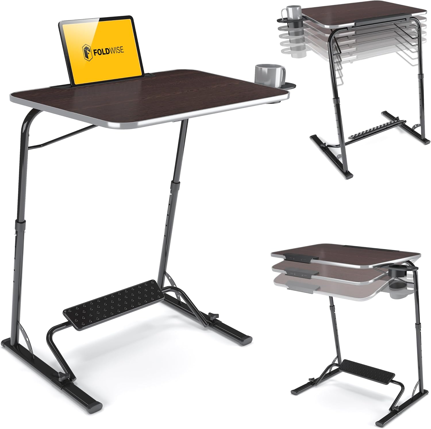 FoldWise Folding Laptop Table for Sofa - Sturdy Portable Desk, Height & Angle Adjustable Overbed Table for Dinner, Work & Study; All-In-One: Footrest, Cupholder, Tablet Holder, Edge Stopper - Wooden