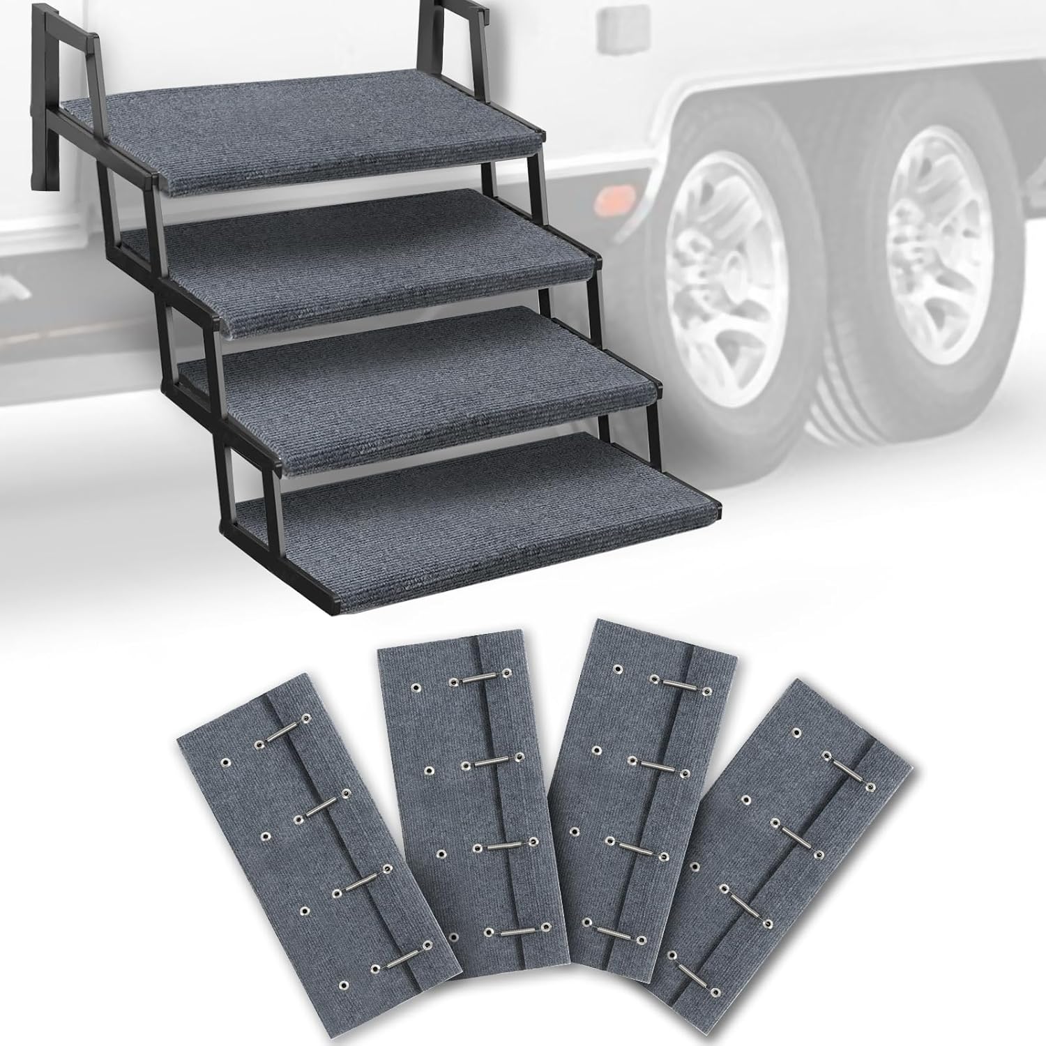 HOMEE RV Step Covers 4 Packs, Camper Step Covers,RV Step Rugs, 23 Inch Wide RV Stair Covers with Install Hook Fit 8" to 11" RV Stair Treads,Non-Slip Outdoor RV Step Carpet,Grey