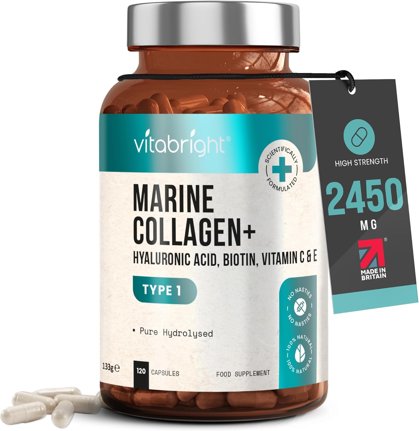 Pure Marine Collagen Capsules With Hyaluronic Acid Vitamin C, 2450mg 120 Collagen Tablets High Strength Hydrolysed Marine Collagen Peptides Powder, VitaBright Marine Collagen Supplements for Women/Men
