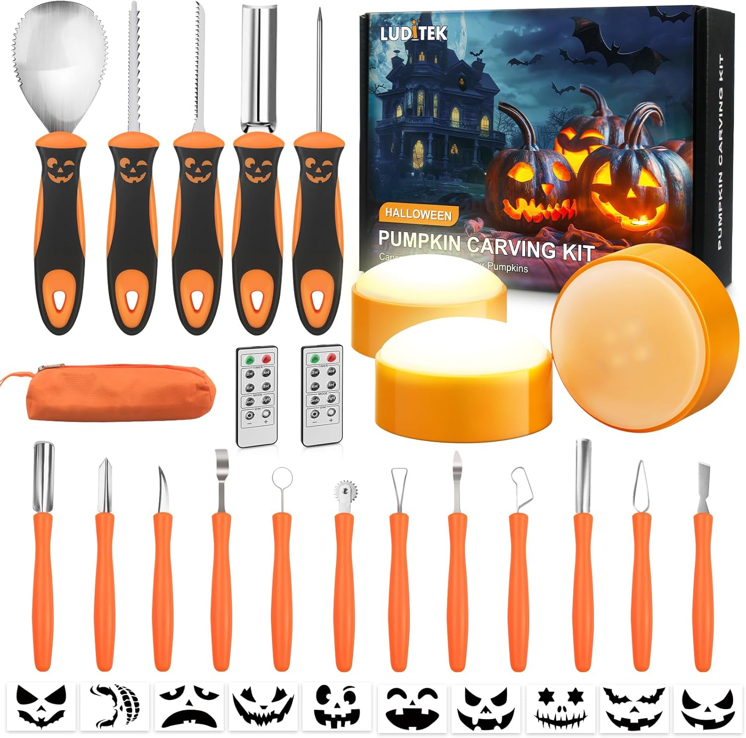 Luditek Pumpkin Carving Kit, 17 PCS Professional Stainless Steel Pumpkin Carving Tools with 3 Electronic Candles Lights and 10 Stencils, Jack-O-Lanterns Cutting Halloween Gifts for Adults