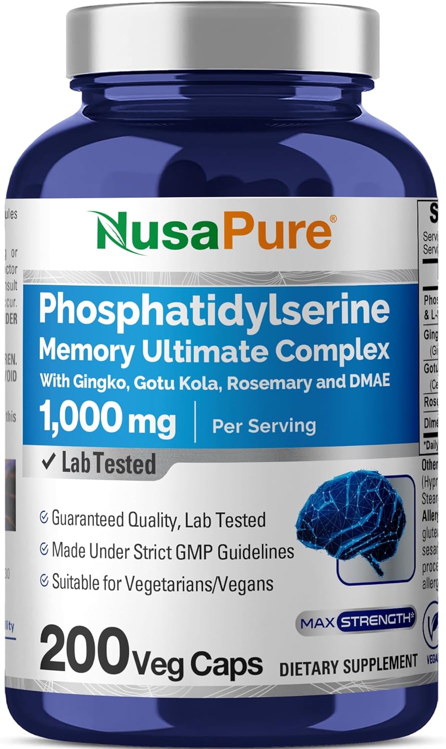 NusaPure Phosphatidylserine Memory Ultimate Complex 1000mg 200 Vegetarian Caps (Vegan, Non-GMO)