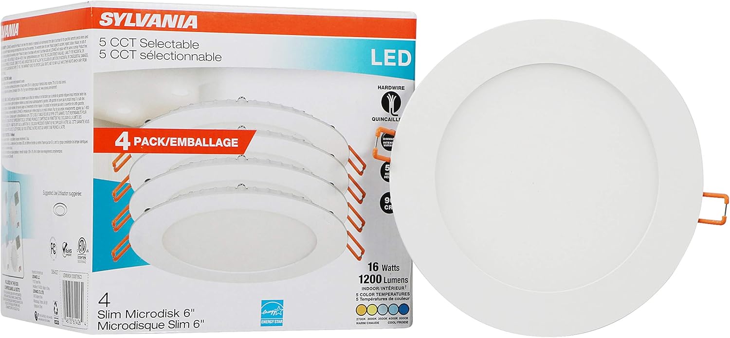 SYLVANIA LED 6" Slim Microdisk Recessed Downlight Junction Box, 16W, CCT 5 Color Selectable, 2700K/3000K/3500K/4000K/5000K, 1200 Lumens, Dimmable - 4 Pack (61406)