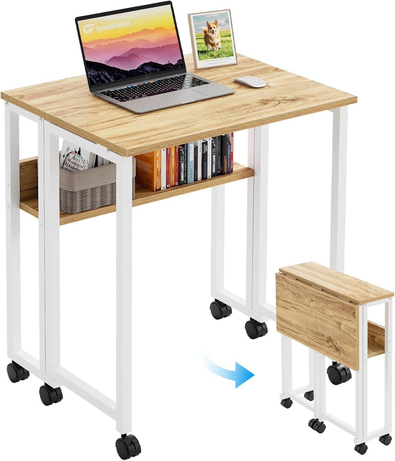 GreenForest Small Folding Desk with Storage Shelf,63 cm Computer Rolling Desk on Wheels Easy Assembly,Foldable desk for Small Space,Oak