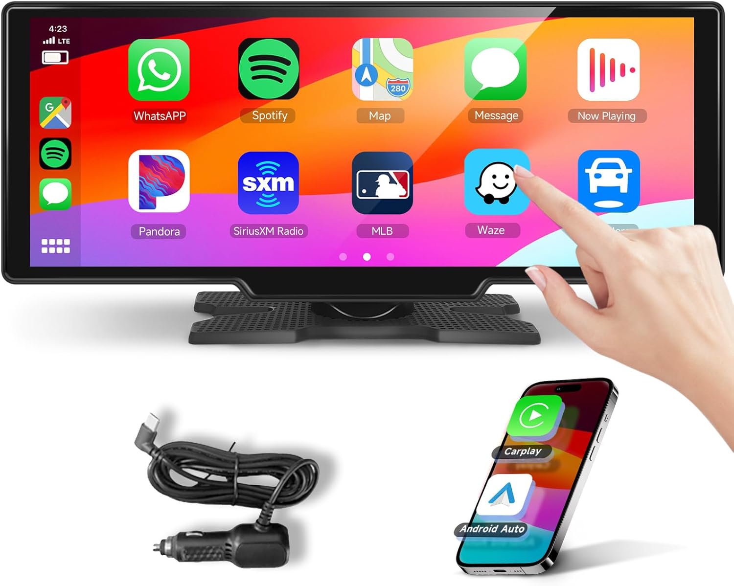 Podofo 10.26 inch Carplay Screen for Car with Wireless Carplay Android Auto MirrorLink, 1080P IPS Touch Screen Portable Radio Support Dual Bluetooth/Hands-Free/GPS/Siri/FM Transmit/Aux/TF Card