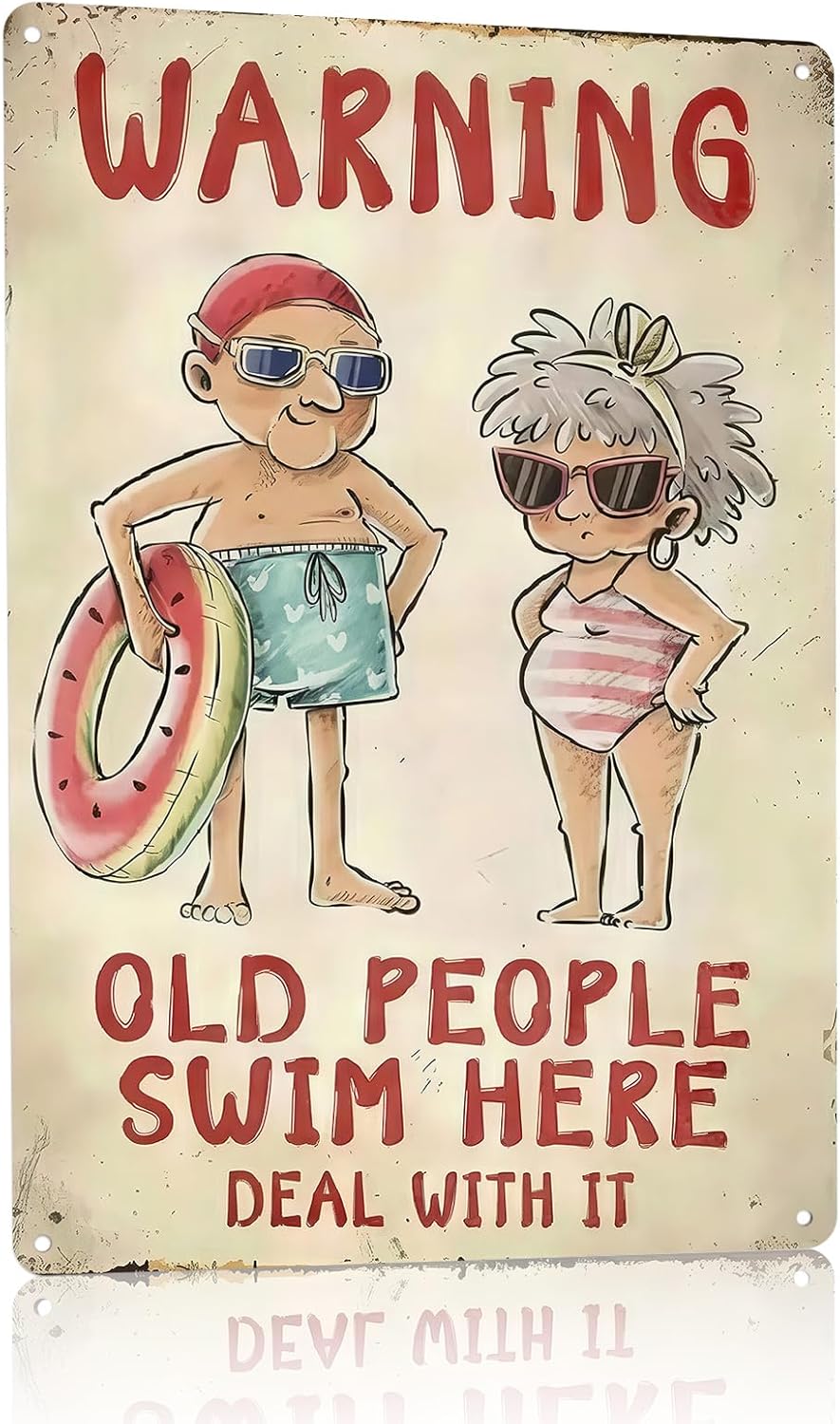 Funny Metal Pool Sign "Old People Swim Here" - Vintage Rustic Wall Decor for Pool, Patio, Humorous Outdoor Sign with Retro Design and Playful Characters, Summer Artwork Decor, 8x12 Inch