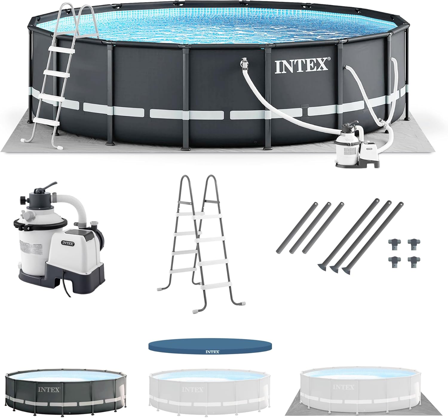 Intex Ultra XTR Frame 14' x 42" Round Above Ground Outdoor Swimming Pool Set with Sand Filter Pump, Ladder, Ground Cloth, and Pool Cover
