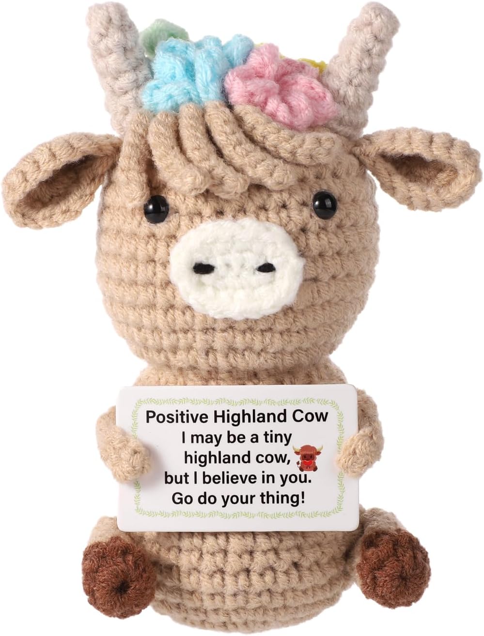 Knitted Highland Cow, Funny Cute Positive Cow Crochet Inspirational Knitted Doll with Positive Card Uplifting Knitted Toy Gift for Friends Family Party Decoration, Medium