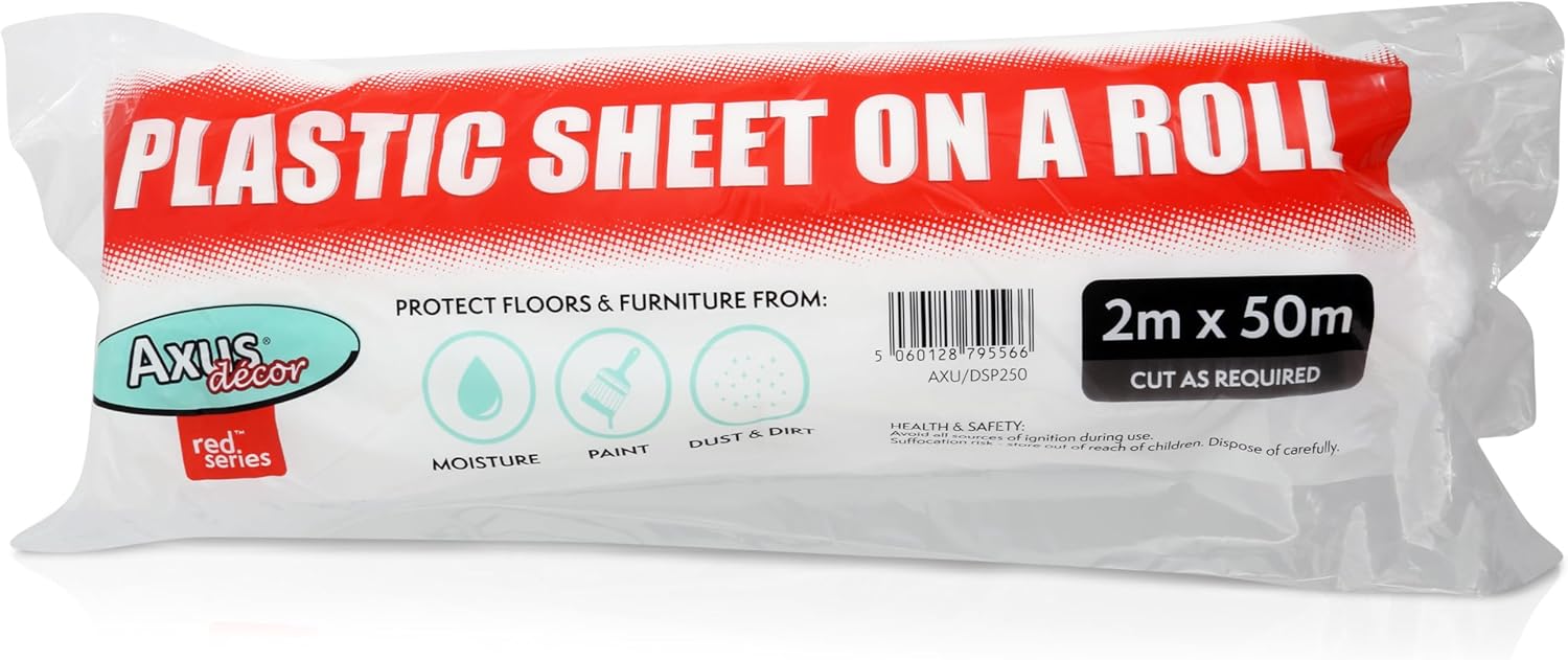 Axus Decor Plastic Sheet Roll (Red Series) Dust Sheets for Decorating, Dust Sheet for Painting, Furniture, Carpets, Hard Floors, Waterproof & Translucent, For Professional & DIY Enthusiasts - 2m x 50m