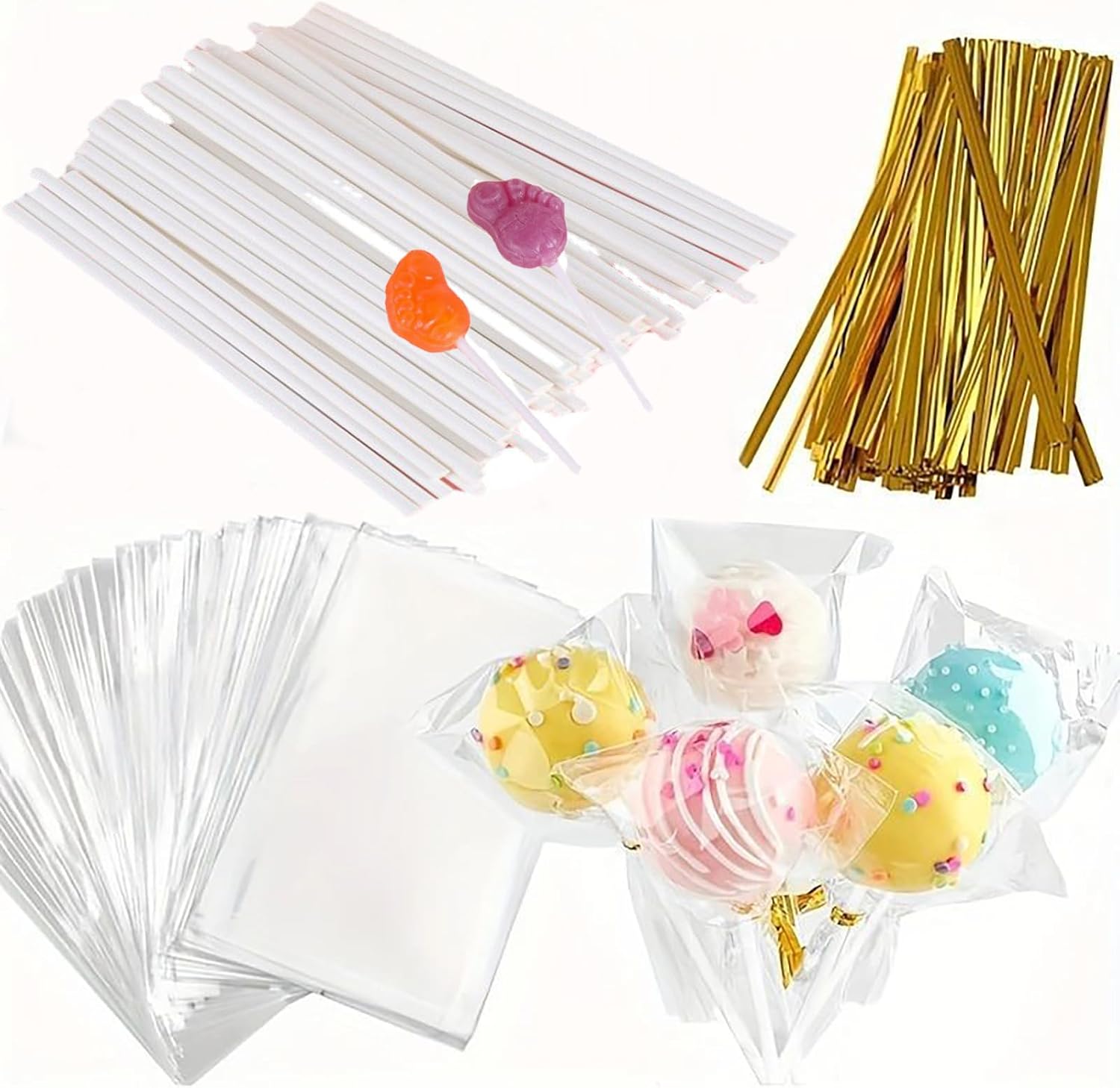 300 Pcs Cake Pop Sticks and Wrappers Kit, Including 100Pcs 6 inch Paper Lollipop Sticks, 100Pcs Clear Candy Treat Bags Parcel, 100Pcs Gold Twist Ties for Cakepop, Lollipop, Hard Candy, Suckers