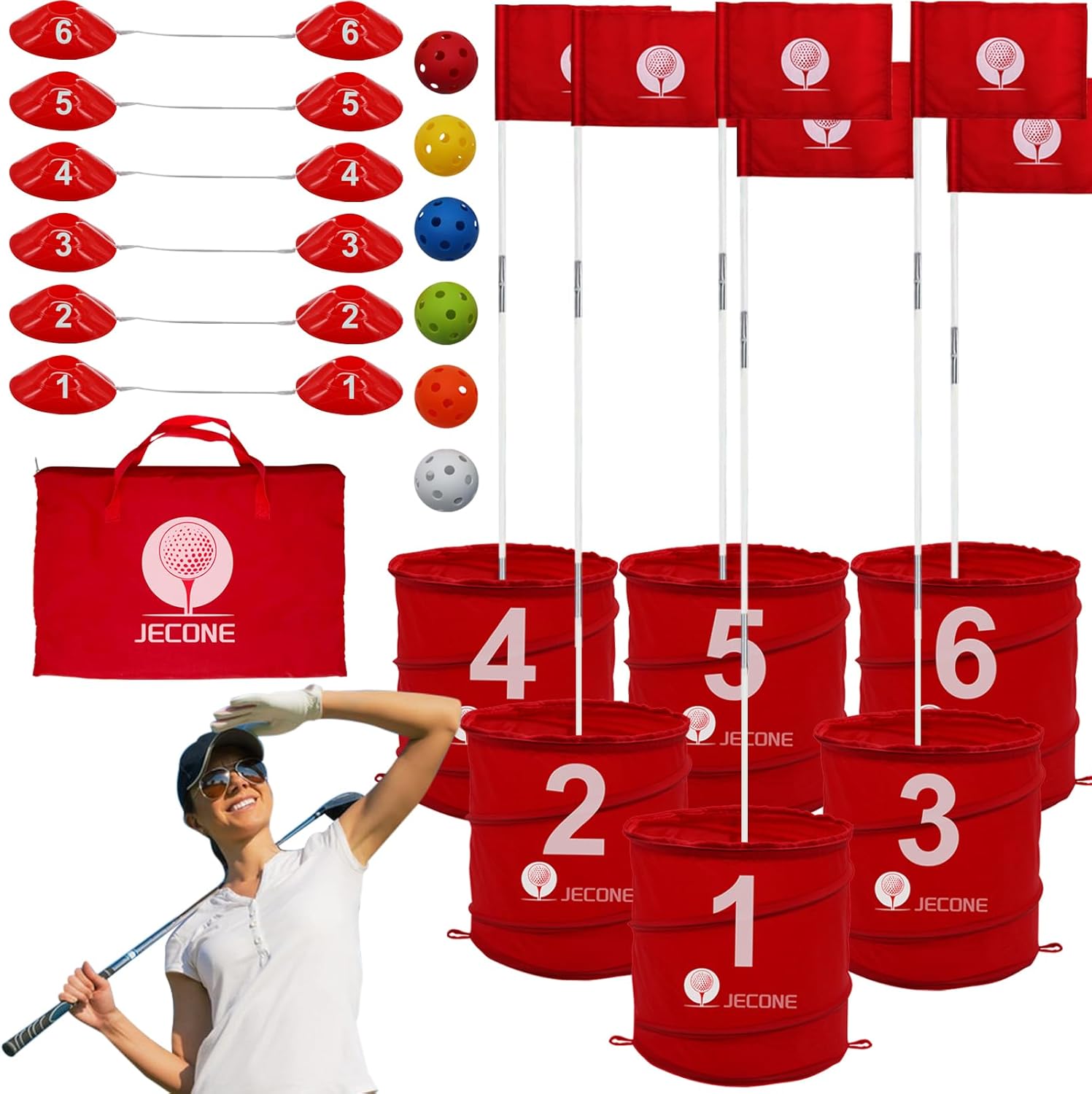 6 Set Golf Bucket Game - Backyard Golf Game Starter Set The Ultimate Golf Practice Game for Family,Adults Yard,Park,Beach Golf Course Play Outdoor Game,Red