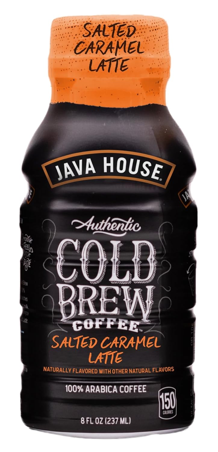 Java House Cold Brew Coffee Ready to Drink Bottles - Salted Caramel Latte - Pack of 12 8oz Bottles - 100% Arabica Coffee